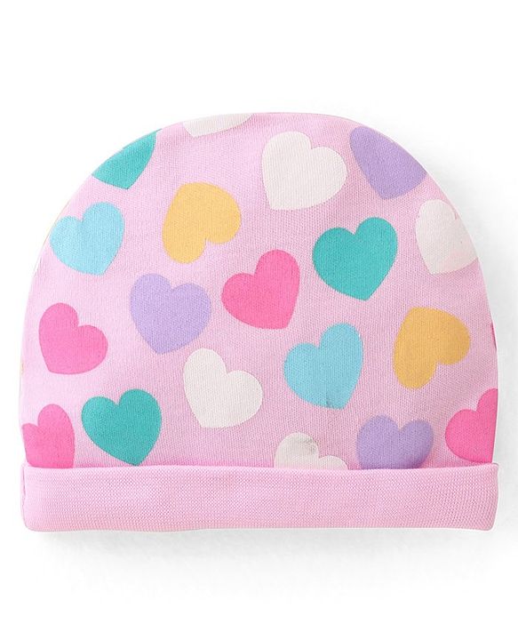 Babyhug 100% Cotton Knit Cap Mittens & Booties Set Heart Print - Pink