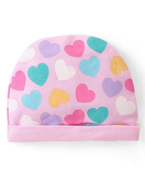 Babyhug 100% Cotton Knit Cap Mittens & Booties Set Heart Print - Pink