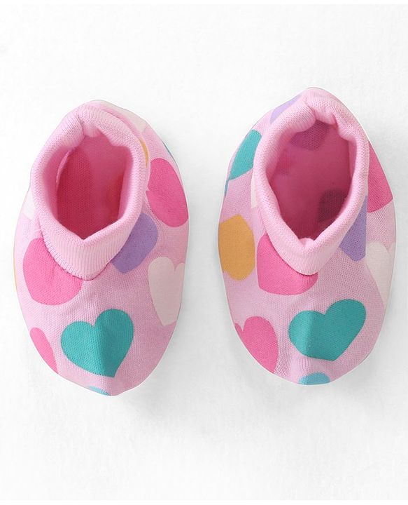 Babyhug 100% Cotton Knit Cap Mittens & Booties Set Heart Print - Pink