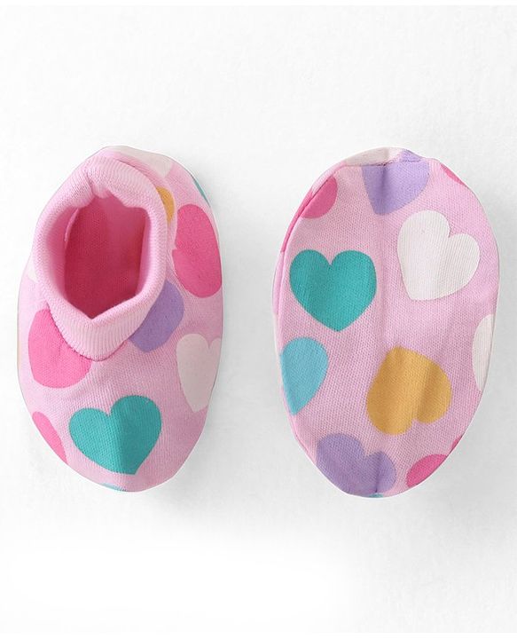 Babyhug 100% Cotton Knit Cap Mittens & Booties Set Heart Print - Pink