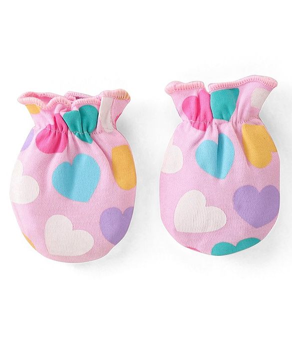 Babyhug 100% Cotton Knit Cap Mittens & Booties Set Heart Print - Pink