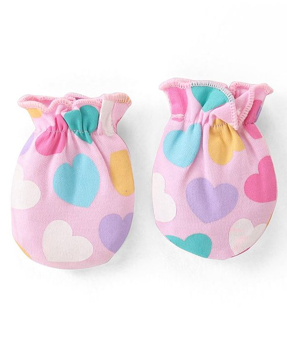 Babyhug 100% Cotton Knit Cap Mittens & Booties Set Heart Print - Pink