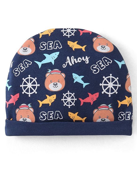 Babyhug 100% Cotton Knit Cap Mittens & Booties With Aquatic Animal Print - Navy Blue