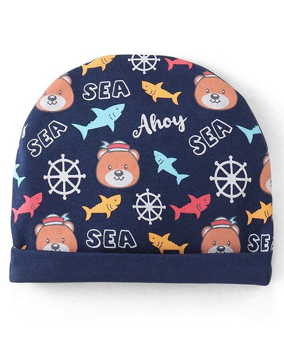 Babyhug 100% Cotton Knit Cap Mittens & Booties With Aquatic Animal Print - Navy Blue