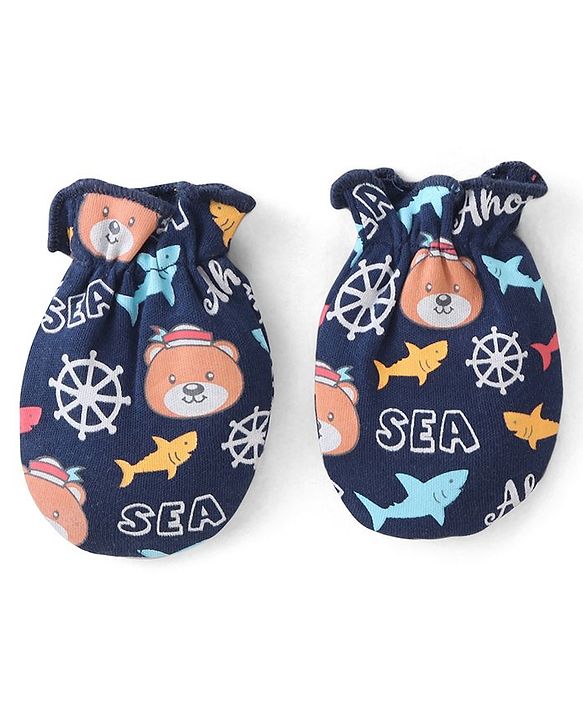 Babyhug 100% Cotton Knit Cap Mittens & Booties With Aquatic Animal Print - Navy Blue