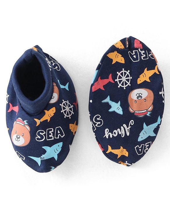 Babyhug 100% Cotton Knit Cap Mittens & Booties With Aquatic Animal Print - Navy Blue