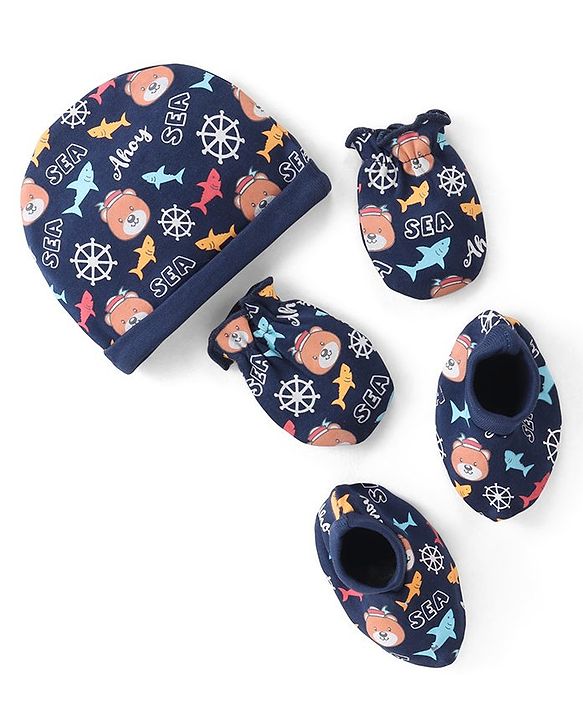 Babyhug 100% Cotton Knit Cap Mittens & Booties With Aquatic Animal Print - Navy Blue