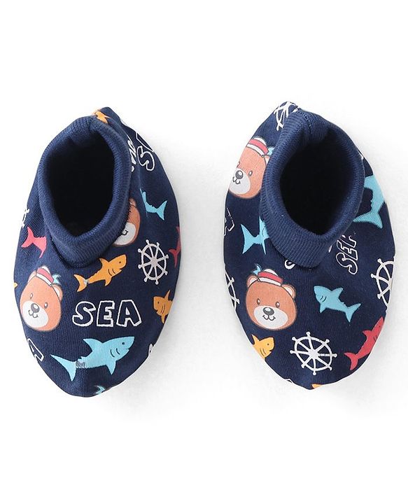 Babyhug 100% Cotton Knit Cap Mittens & Booties With Aquatic Animal Print - Navy Blue