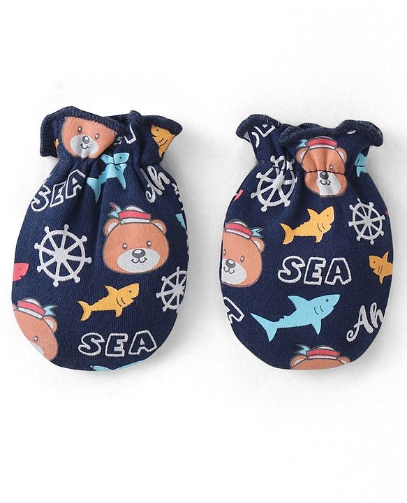 Babyhug 100% Cotton Knit Cap Mittens & Booties With Aquatic Animal Print - Navy Blue
