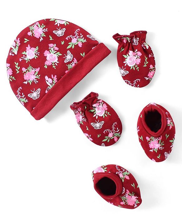 Babyhug 100% Cotton Interlock Cap Mittens & Booties Set with Floral Print - Maroon