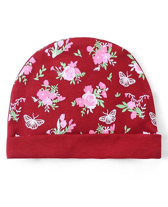 Babyhug 100% Cotton Interlock Cap Mittens & Booties Set with Floral Print - Maroon