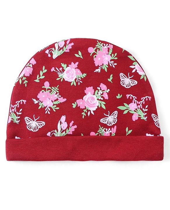 Babyhug 100% Cotton Interlock Cap Mittens & Booties Set with Floral Print - Maroon