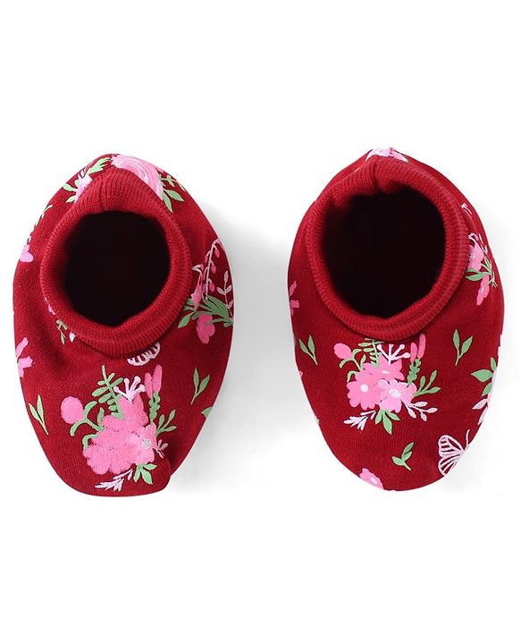 Babyhug 100% Cotton Interlock Cap Mittens & Booties Set with Floral Print - Maroon