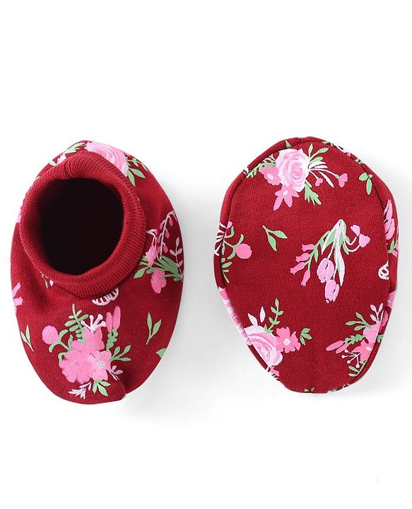 Babyhug 100% Cotton Interlock Cap Mittens & Booties Set with Floral Print - Maroon