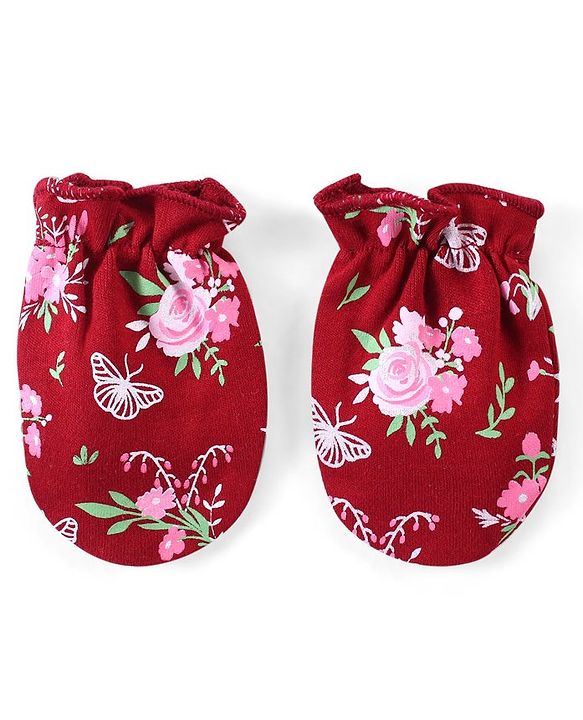 Babyhug 100% Cotton Interlock Cap Mittens & Booties Set with Floral Print - Maroon