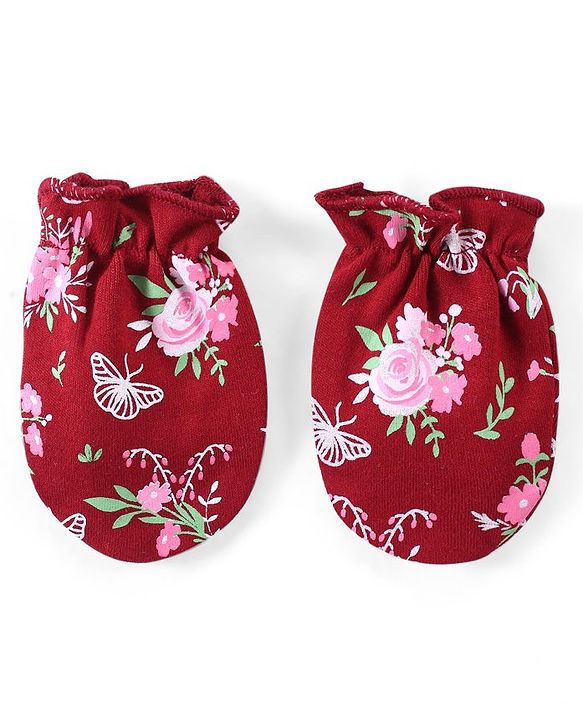 Babyhug 100% Cotton Interlock Cap Mittens & Booties Set with Floral Print - Maroon