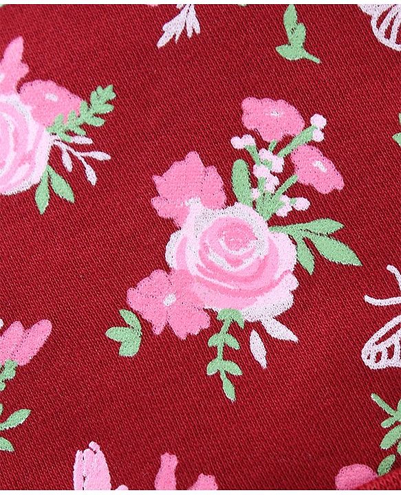 Babyhug 100% Cotton Interlock Cap Mittens & Booties Set with Floral Print - Maroon