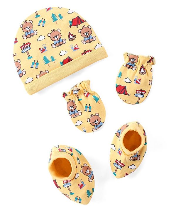 Babyhug 100% Cotton Interlock Cap Mittens & Booties Set with Teddy Bear Print - Yellow