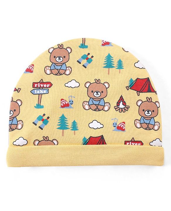 Babyhug 100% Cotton Interlock Cap Mittens & Booties Set with Teddy Bear Print - Yellow