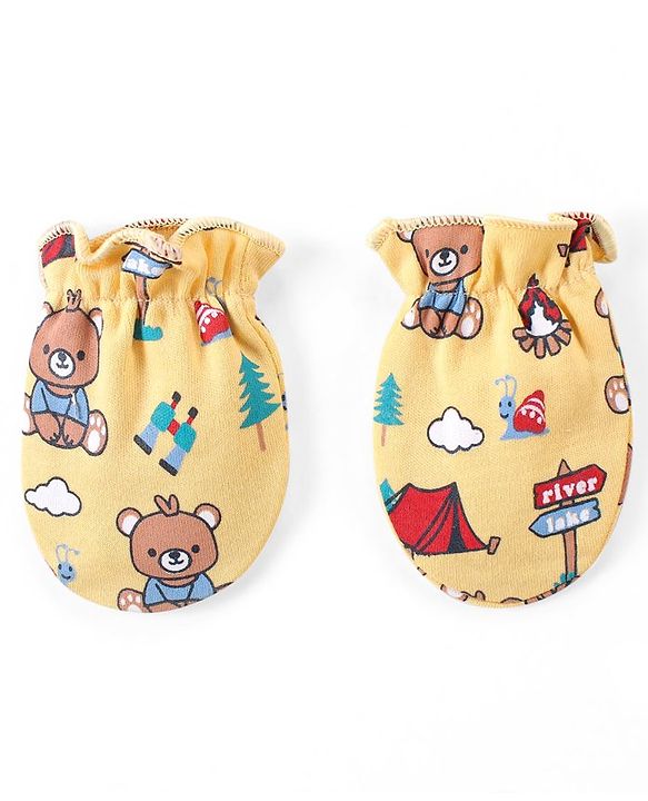 Babyhug 100% Cotton Interlock Cap Mittens & Booties Set with Teddy Bear Print - Yellow