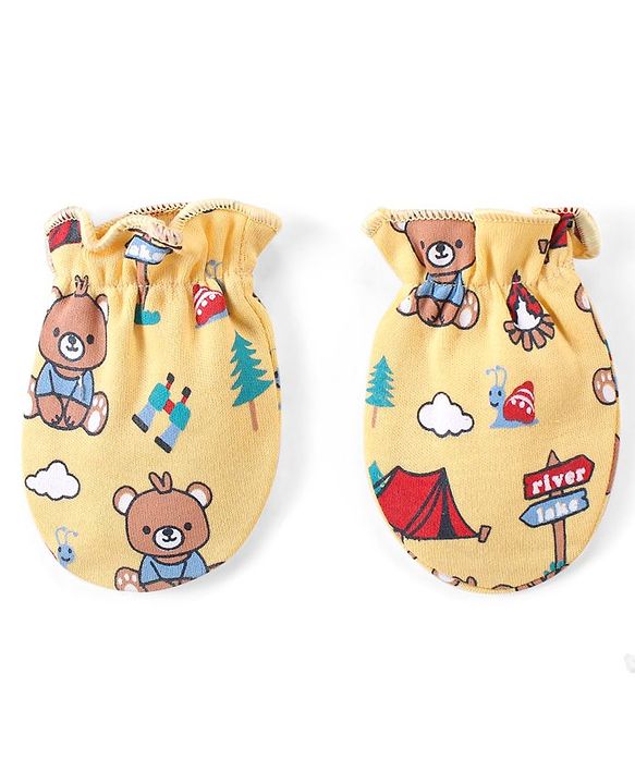 Babyhug 100% Cotton Interlock Cap Mittens & Booties Set with Teddy Bear Print - Yellow