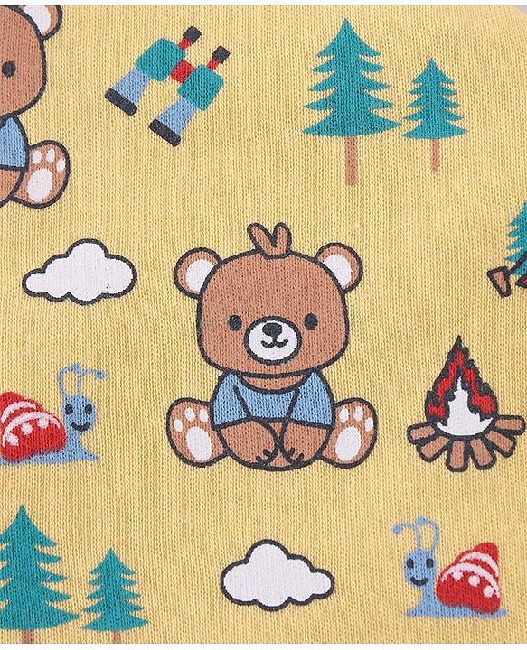 Babyhug 100% Cotton Interlock Cap Mittens & Booties Set with Teddy Bear Print - Yellow
