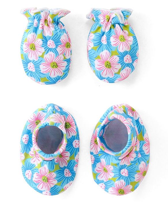 Babyhug 100% Cotton Knit Floral Print Mittens and Booties - Blue