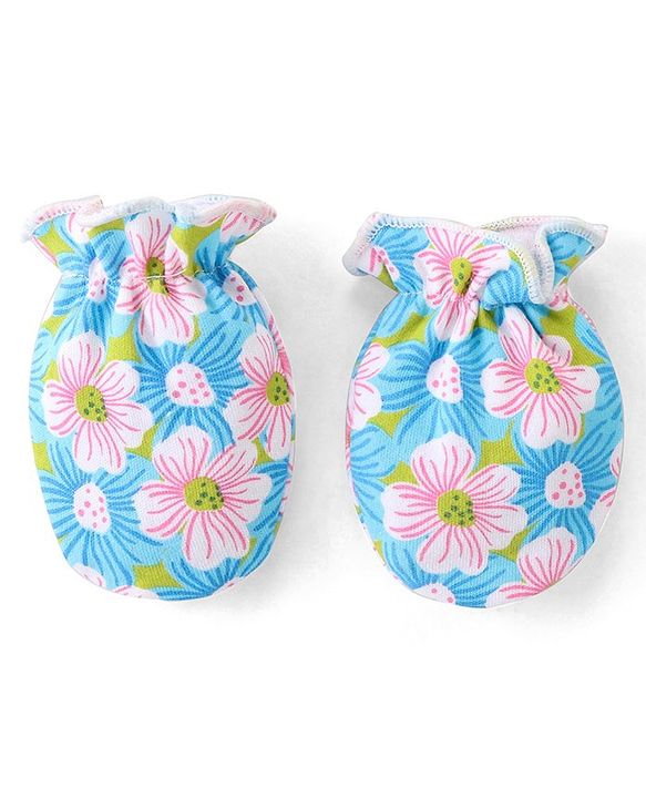 Babyhug 100% Cotton Knit Floral Print Mittens and Booties - Blue