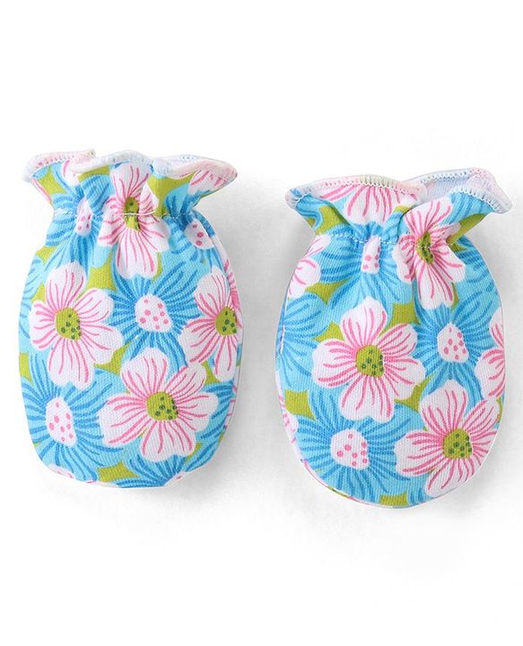 Babyhug 100% Cotton Knit Floral Print Mittens and Booties - Blue