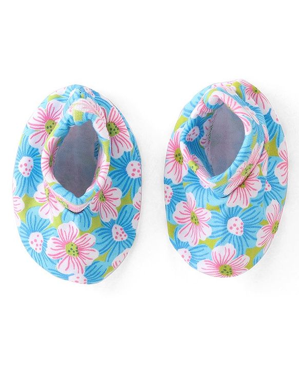 Babyhug 100% Cotton Knit Floral Print Mittens and Booties - Blue
