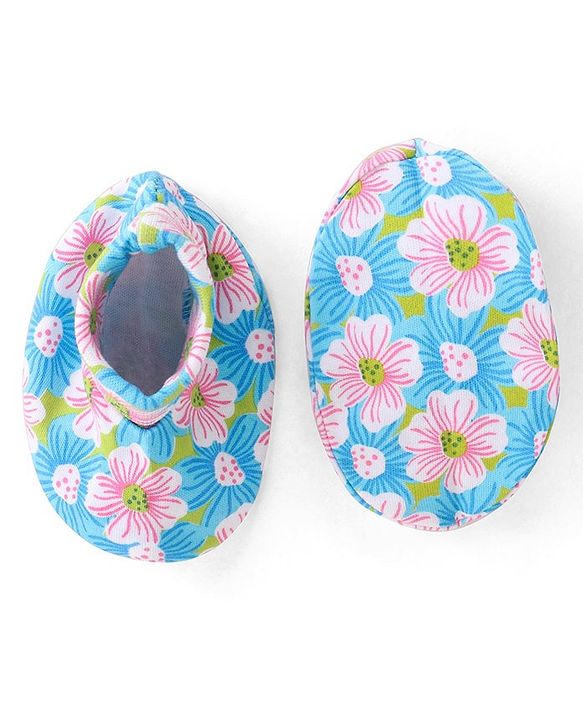 Babyhug 100% Cotton Knit Floral Print Mittens and Booties - Blue