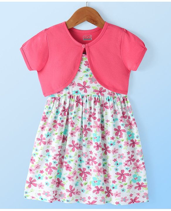 Babhyhug Single Jersey Knit Sleeveless Frock with Floral Print - White