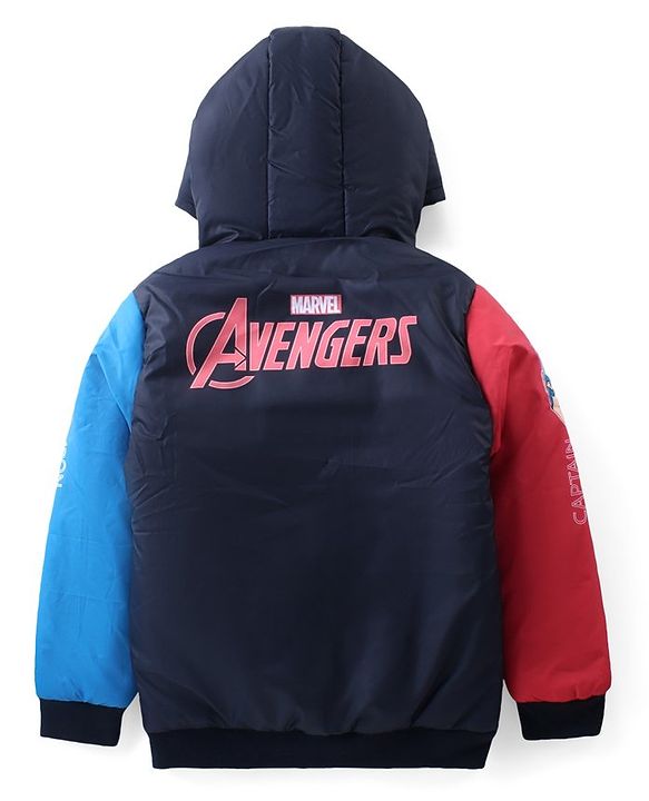 Pine Kids Marvel Full Sleeves Front Open Padded Hooded Jacket with Avengers Patch Applique - Navy Blue & Red