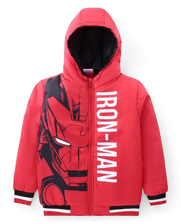 Pine Kids Marvel Full Sleeves Front Open Padded Hooded Jacket with Iron Man Graphics - Red