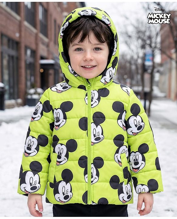 Babyhug Disney Full Sleeves Front Open Padded Hooded Jacket with Mickey Mouse Graphics - Limegreen