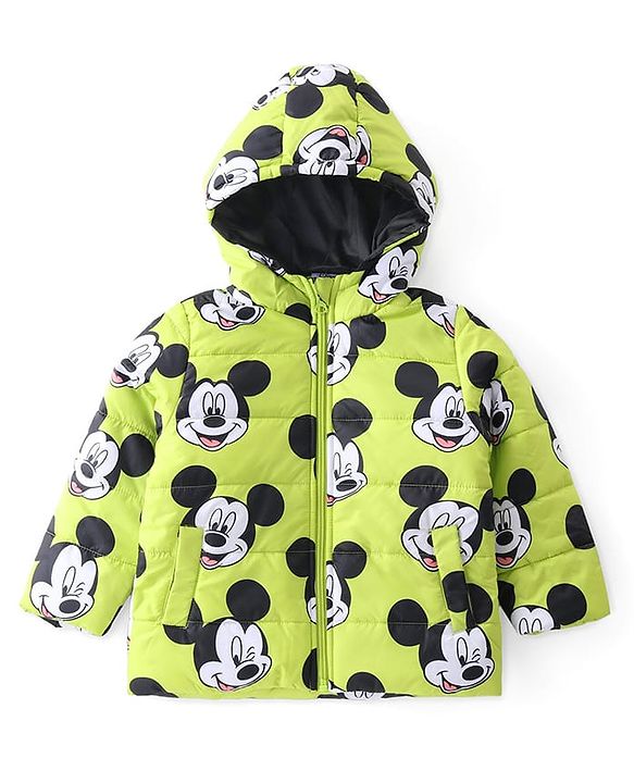 Babyhug Disney Full Sleeves Front Open Padded Hooded Jacket with Mickey Mouse Graphics - Limegreen