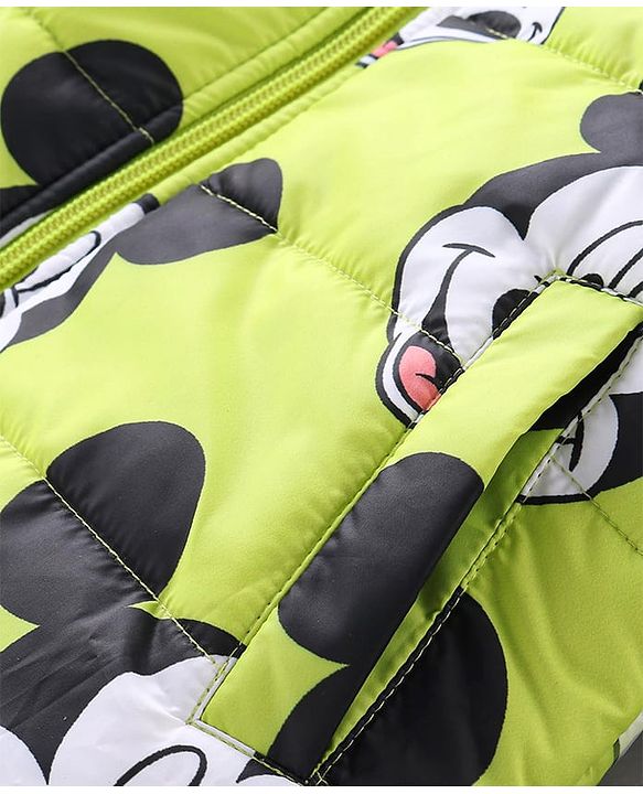 Babyhug Disney Full Sleeves Front Open Padded Hooded Jacket with Mickey Mouse Graphics - Limegreen