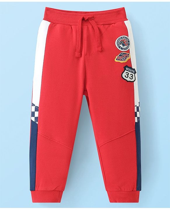 Babyhug French Terry Full Length Cut & Sew Lounge Pant Badges Print - Red