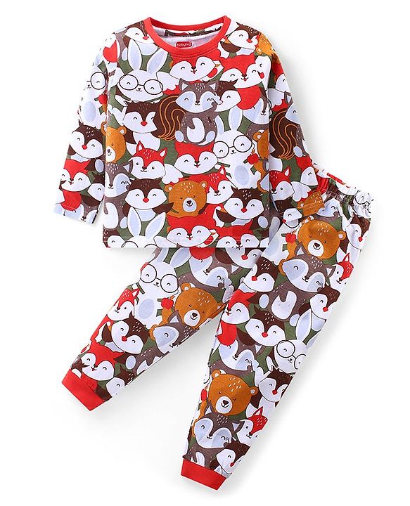 Babyhug Cotton Knit Full Sleeves Night Suit Animals Print- Multicolour