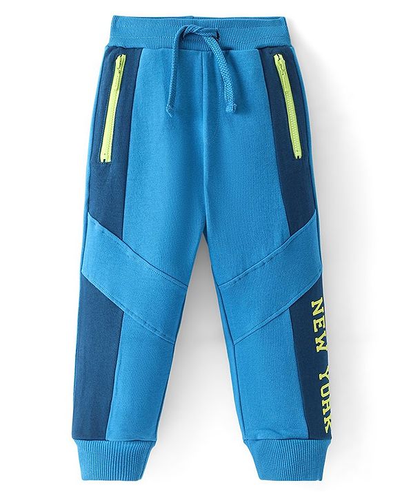 Babyhug French Terry Full Length Jogger Fit Track Pants with New York Print - Blue
