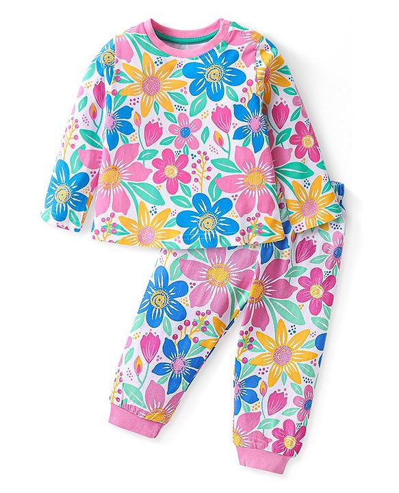 Babyhug Cotton Knit Full Sleeves Night Suit With Floral Print - Multicolor