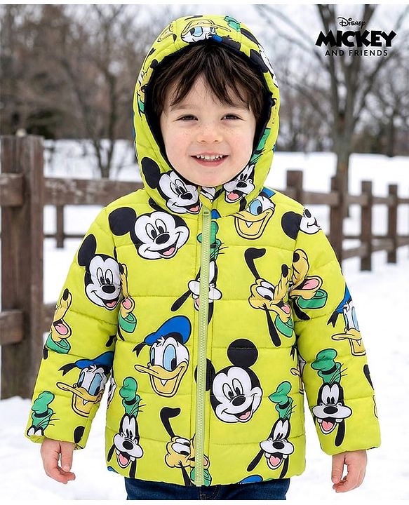 Babyhug Disney Woven Full Sleeves Front Open Padded Hooded Jacket with Mickey Mouse & Friends Graphics - Light Green