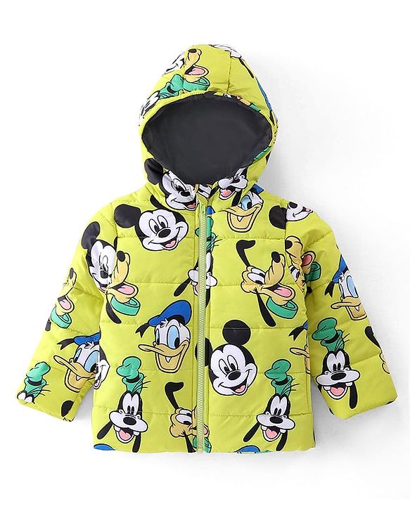 Babyhug Disney Woven Full Sleeves Front Open Padded Hooded Jacket with Mickey Mouse & Friends Graphics - Light Green