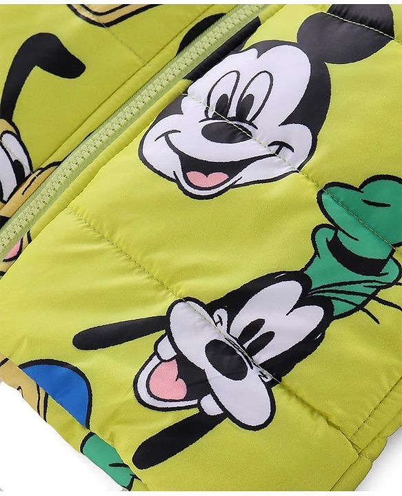 Babyhug Disney Woven Full Sleeves Front Open Padded Hooded Jacket with Mickey Mouse & Friends Graphics - Light Green