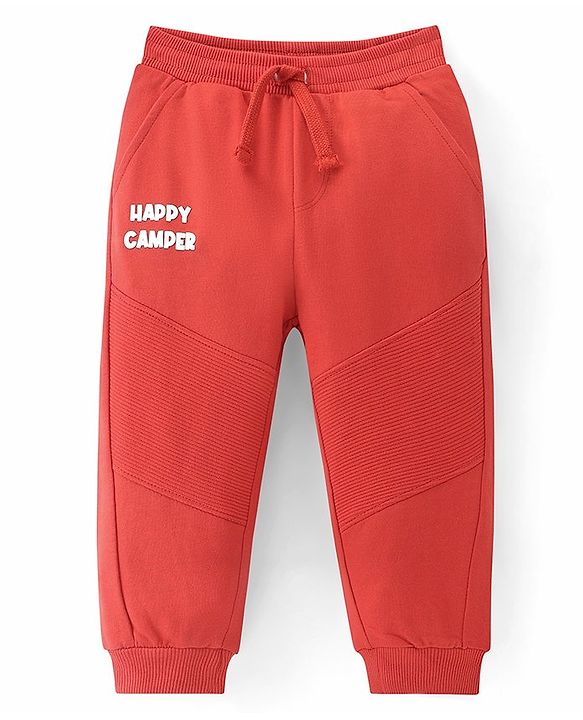 Babyhug French Terry Knit Full Length Lounge Pant with Text Print - Rust