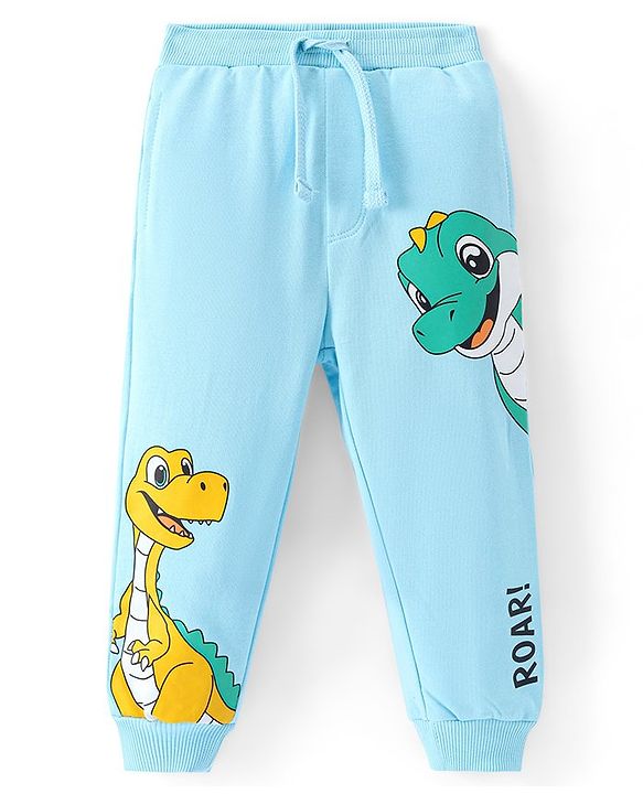 Babyhug French Terry Full Length Lounge Pant with Dino Print - Blue
