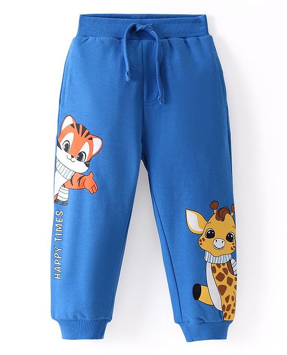 Babyhug  French Terry Knit Full Length  Lounge   Pant with Tiger & Giraffe Print - Blue