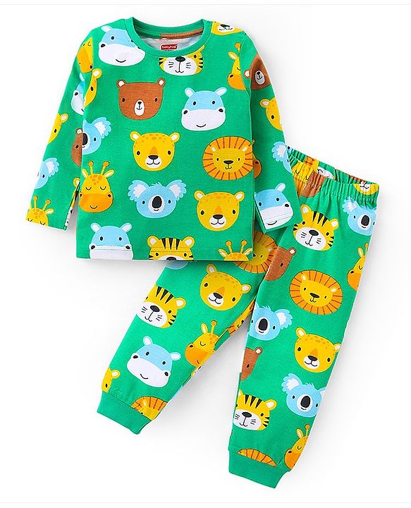 Babyhug Cotton Knit Full Sleeves Night Suit With Animals Print  - Green