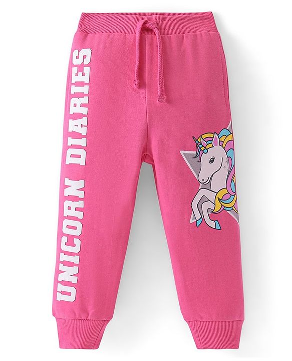 Babyhug French Terry Full Length Jogger Fit Track Pants with Unicorn Print - Pink