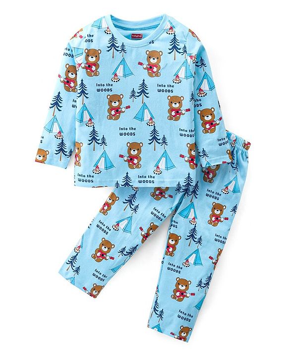 Babyhug Cotton Knit Full Sleeves Night Suit with Bear Print - Blue